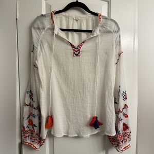 Buffalo Size XS See-Through Blouse in White w/ Multi-Color Stitching Details